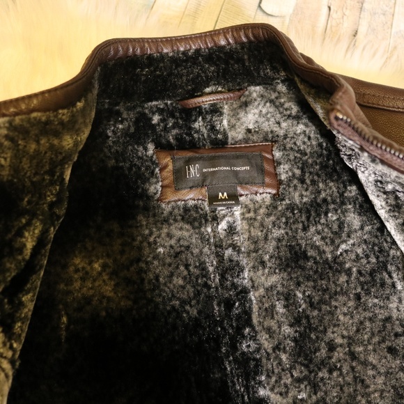 INC | MEN BROWN FUR LEATHER JACKET - Picture 2 of 3